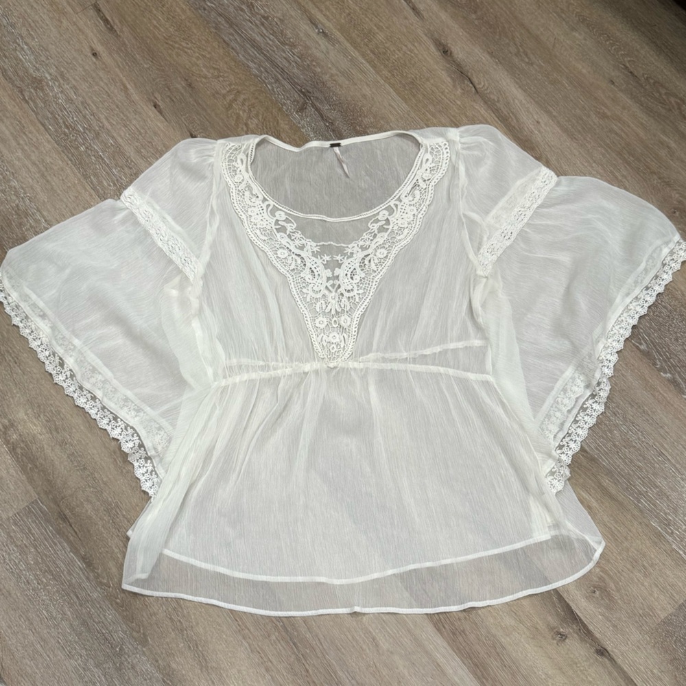 Free People Sheer Trim Lace Women's Cinch Waist Blouse L